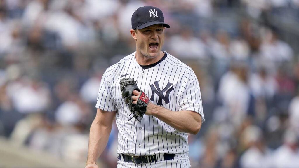 Gerrit Cole reacciona tras completar el octavo inning. AP