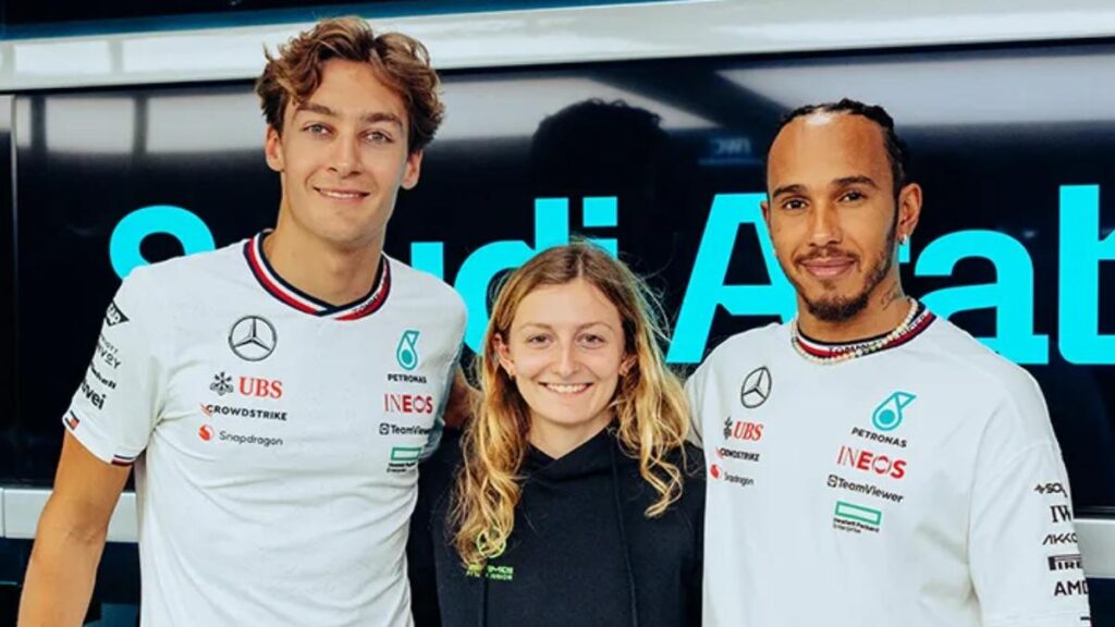 Doriane Pin con Lewis Hamilton y George Russell