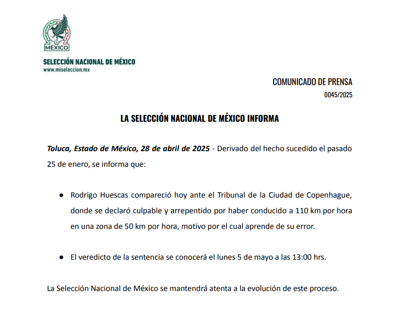 Comunicado de la selección mexicana
