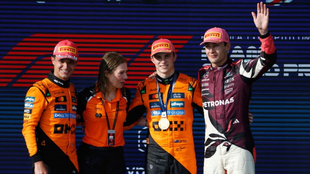 Norris, Piastri y Russell