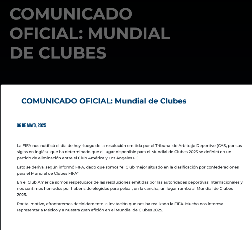 Comunicado América participación Mundial de Clubes.
