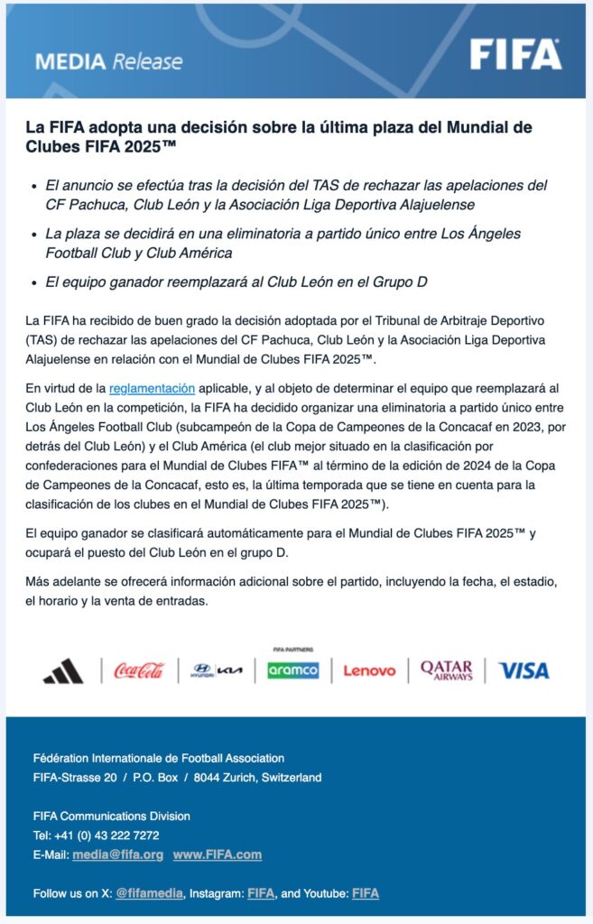 Comunicado de la FIFA oficializa partido entre América y LAFC.